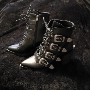 Lamoda Don't Even Buckle Black Heel Boots Size 10 Punk Goth Witch Vibes
